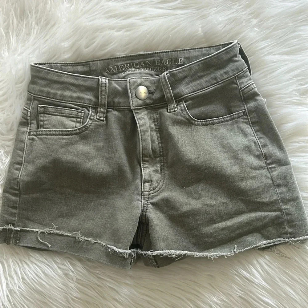 American Eagle super super stretch olive green denim shorts size 2